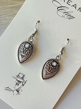 Silver Teardrop Filigree Earrings with White Accent